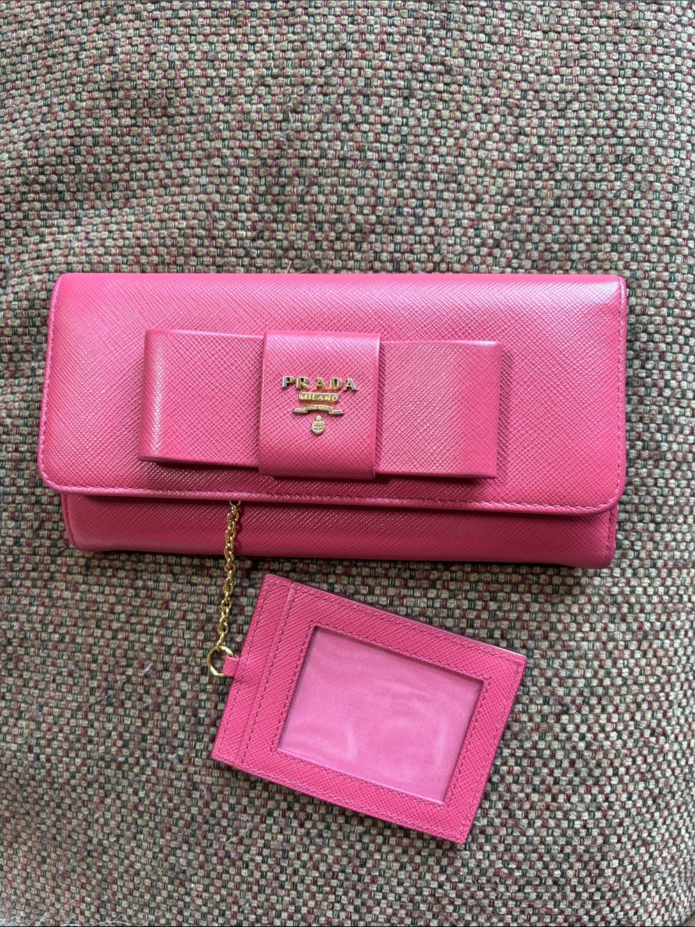 Prada Hot Pink Saffiano Leather Bow Continental Wallet with ID Holder